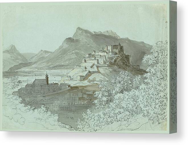 Johann Georg Von Dillis Canvas Print featuring the drawing View of Salzburg #2 by Johann Georg von Dillis