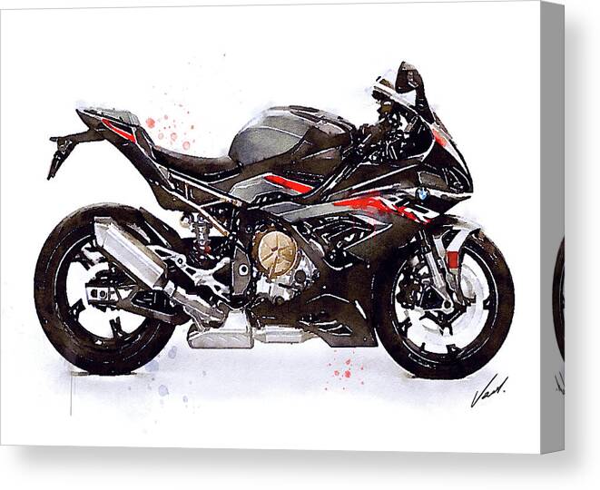 Sport Canvas Print featuring the painting Watercolor Motorcycle BMW S1000RR - original artwork by Vart. by Vart Studio