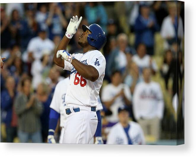Second Inning Canvas Print featuring the photograph Yasiel Puig #1 by Stephen Dunn