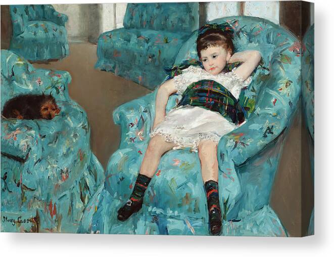 Mary Cassatt Canvas Print featuring the painting Little Girl in a Blue Armchair by Mary Cassatt by Mango Art