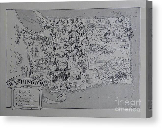 Washington State Map Canvas Print featuring the drawing 1950s Antique Washington Animated Picture Map by Charles Robinson