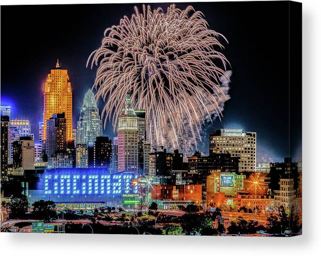 Cincinnati Canvas Print featuring the photograph 2019 WEBN Fireworks Cincinnati Ohio Skyline Photograph by Dave Morgan