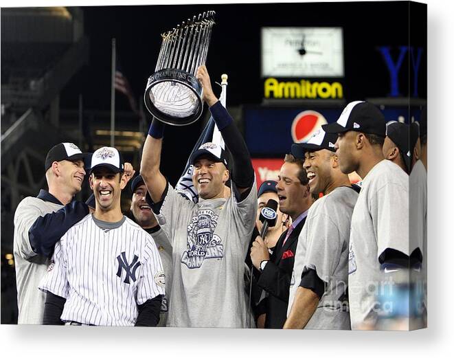 American League Baseball Canvas Print featuring the photograph Derek Jeter, Mariano Rivera, and Jorge Posada by Jed Jacobsohn