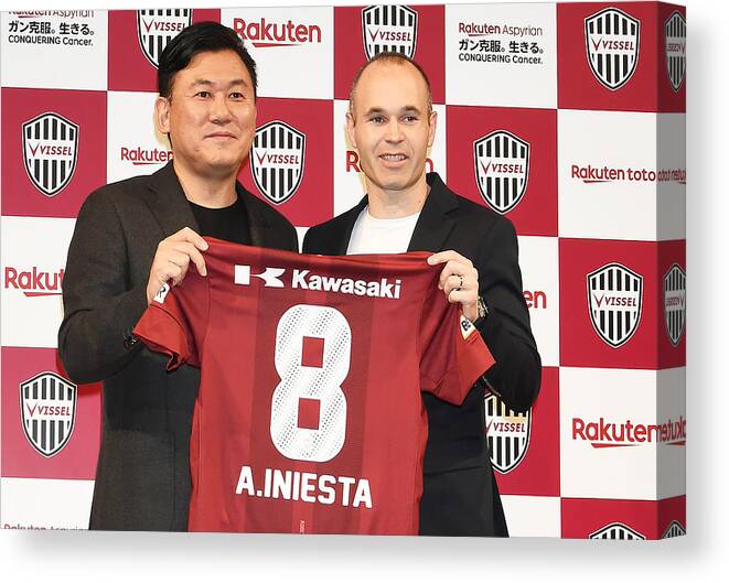 People Canvas Print featuring the photograph Vissel Kobe Introduces New Player Andres Iniesta #3 by Jun Sato