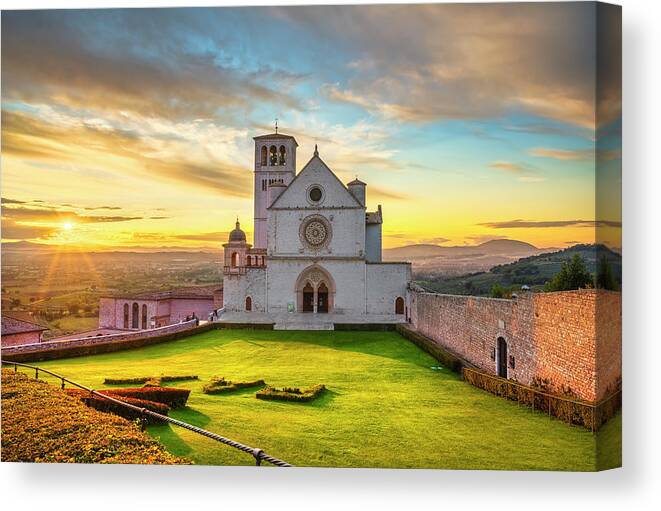 Assisi Canvas Print featuring the photograph Assisi, San Francesco Basilica church at sunset. Umbria, Italy. #1 by Stefano Orazzini