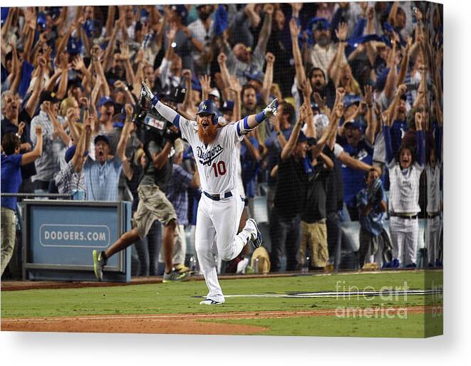 Game Two Canvas Print featuring the photograph Justin Turner by Kevork Djansezian