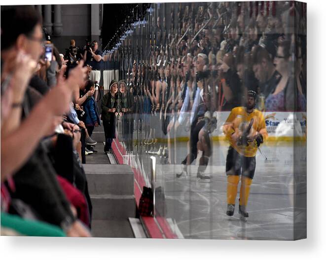 Vegas Golden Knights Canvas Print featuring the photograph Vegas Golden Knights Hold First Practice Since Winning Western Conference Finals #7 by Ethan Miller