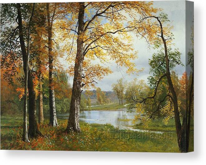 Architecture Canvas Print featuring the painting A Quiet Lake by Albert Bierstadt2 by MotionAge Designs