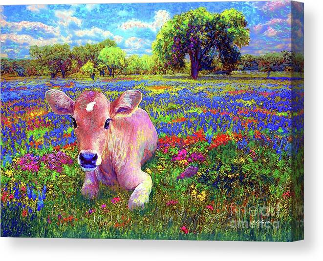 Floral Canvas Print featuring the painting A Very Content Cow by Jane Small
