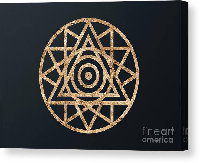 Glyph Canvas Print featuring the mixed media Abstract Geometric Gold Glyph Art on Dark Teal Blue 063 Horizontal by Holy Rock Design
