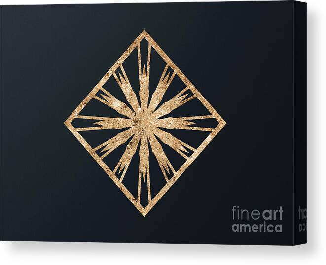 Glyph Canvas Print featuring the mixed media Abstract Geometric Gold Glyph Art on Dark Teal Blue 157 Horizontal by Holy Rock Design