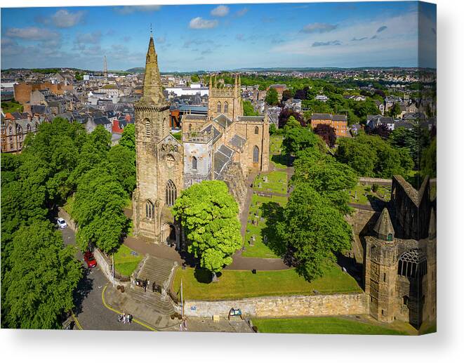 Dunfermline Canvas Print featuring the photograph Aerial view from drone of Dunfermline Abbey in Dunfermline, Fife, Scotland by Brunswick Digital