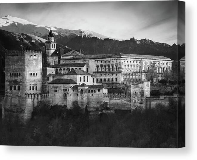 Alhambra Canvas Print featuring the photograph Alhambra in Granada Spain BW by Rebecca Herranen