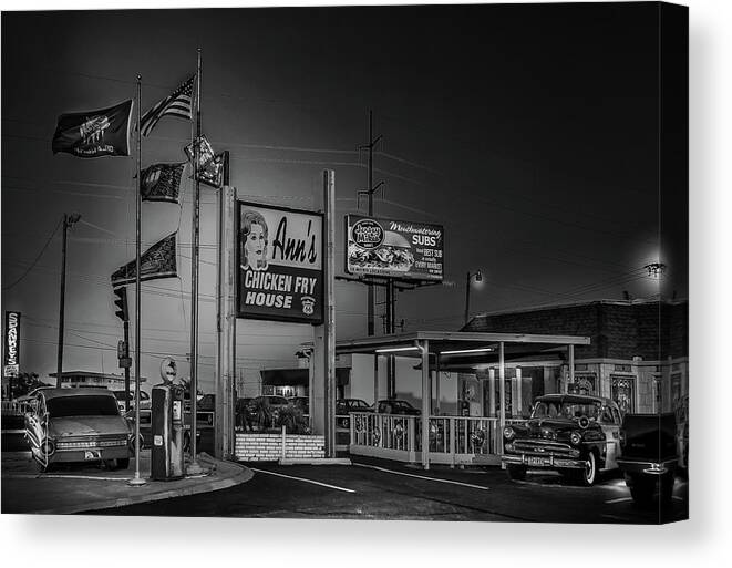 Ann's Canvas Print featuring the photograph Ann's Chicken Fry House B/W by Micah Offman