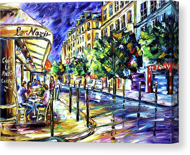 Cafe Le Nazir Paris Canvas Print featuring the painting At Night On Montmartre by Mirek Kuzniar