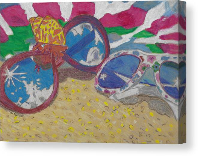 Beach Canvas Print featuring the drawing At the Beach Sunglasses Lying on the Sand with a Hermit Crab and Beach Towel by Ali Baucom