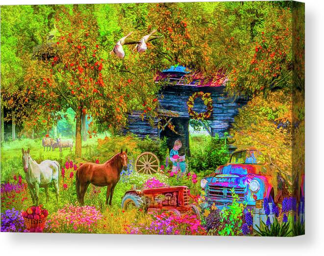 Barns Canvas Print featuring the digital art Autumn Garden on the Farm by Debra and Dave Vanderlaan