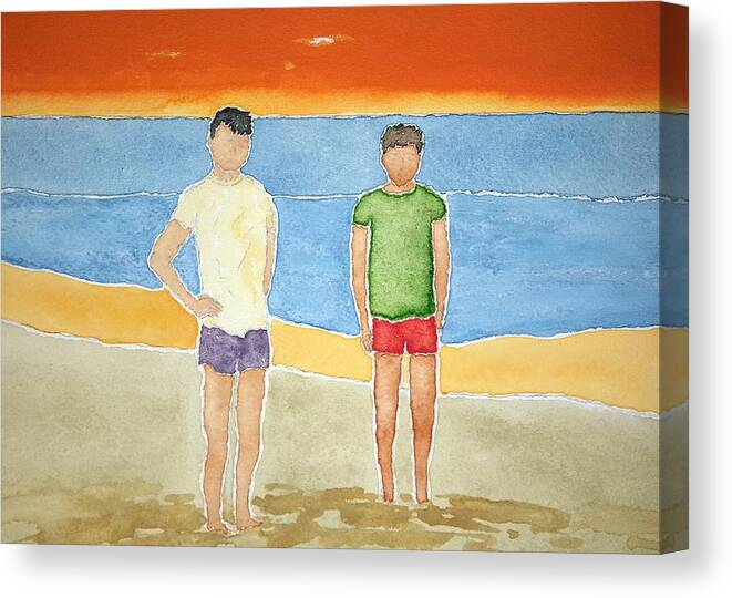 Watercolor Canvas Print featuring the painting Beach Dudes by John Klobucher
