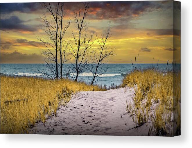 Art Canvas Print featuring the photograph Beach on Lake Michigan at Sunset by Holland Michigan with Dune G by Randall Nyhof