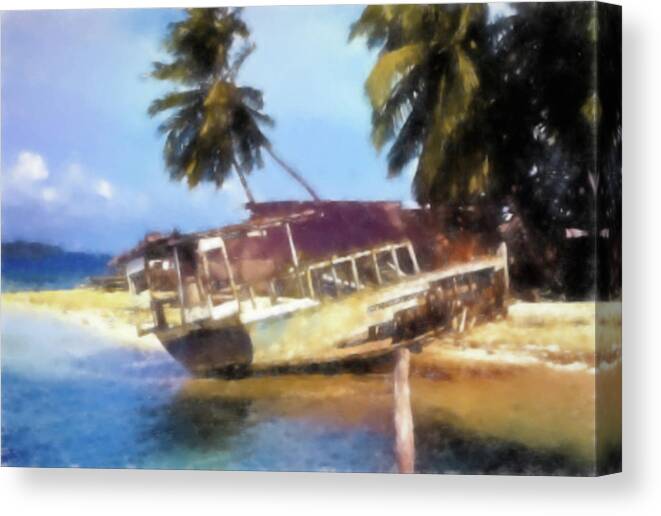 Beached Boat Canvas Print featuring the photograph Beached Ship Wreck by Cathy Anderson