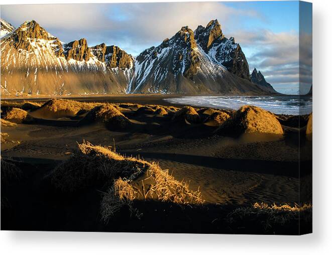 Iceland Canvas Print featuring the photograph The Language Of Light - Black Sand Beach, Iceland by Earth And Spirit