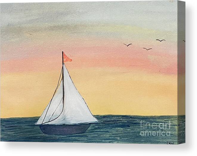 Sailboat Canvas Print featuring the painting Boat at Sunset by Lisa Neuman
