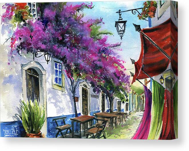 Obidos Canvas Print featuring the painting Bougainvillea in Obidos Portugal by Dora Hathazi Mendes