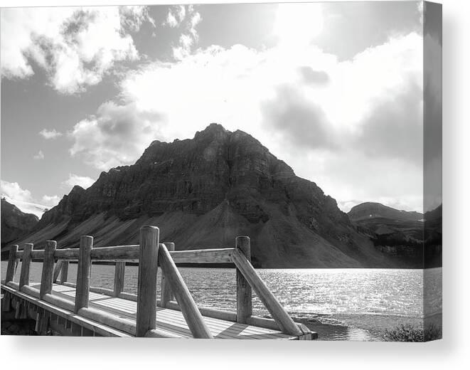 Bow Lake Bridge Sunflare Canvas Print featuring the photograph Bow Lake Bridge Black And White by Dan Sproul