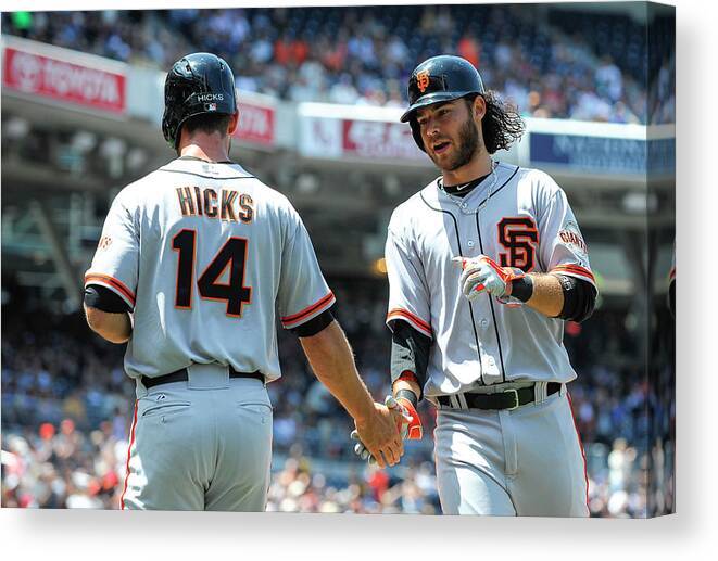 Second Inning Canvas Print featuring the photograph Brandon Hicks and Brandon Crawford by Denis Poroy