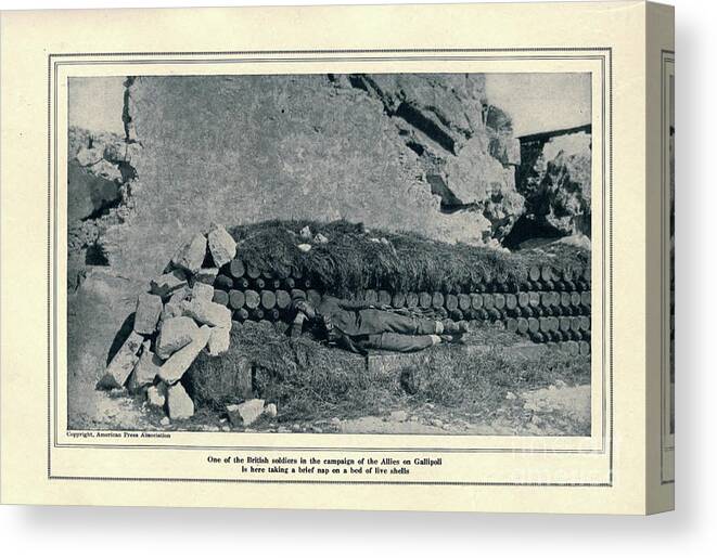 Dardanelles Canvas Print featuring the photograph BRITISH SOLDIER IN GALLIPOLI RESTING ON LIVE SHELLS k5 by Historic Illustrations