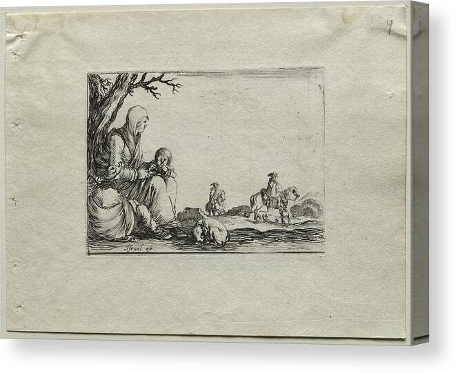 Antique Canvas Print featuring the painting Caprices Seated Beggar Woman with Two Children c. 1642 Stefano Della Bella by MotionAge Designs