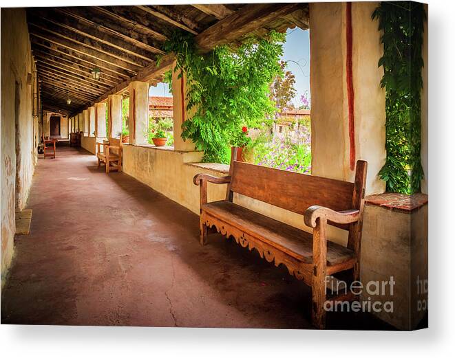 America Canvas Print featuring the photograph Carmel Mission Hallway by Inge Johnsson