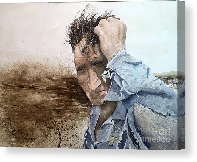 A Farmer Stands In A Field On A Windy Day. Canvas Print featuring the painting Casual Friday by Monte Toon