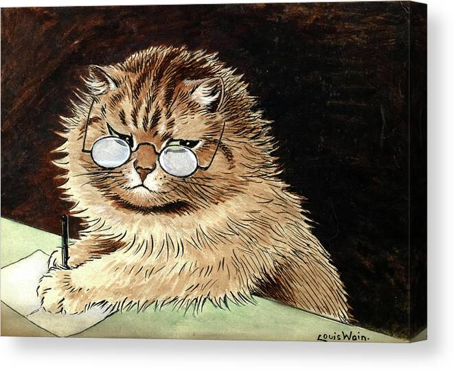 Louis Wain Canvas Print featuring the painting Cat at Work with Glasses by Louis Wain