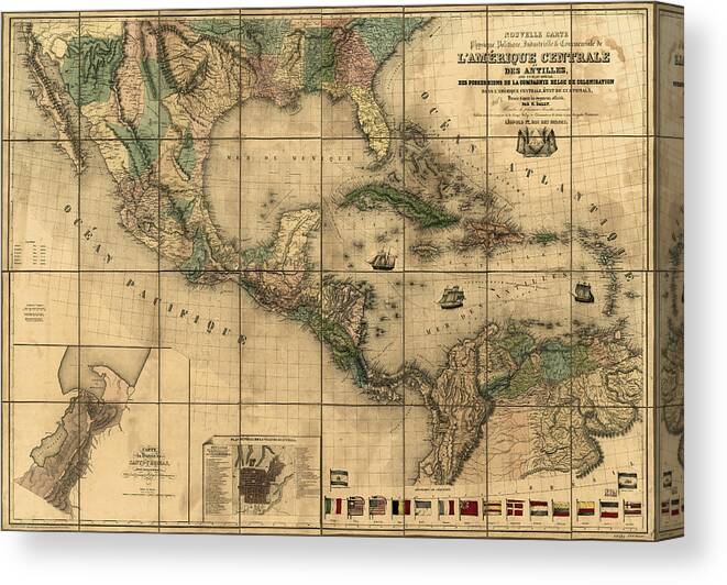 Colonization Canvas Print featuring the drawing Central America and The Antilles 1845 by Vintage Maps