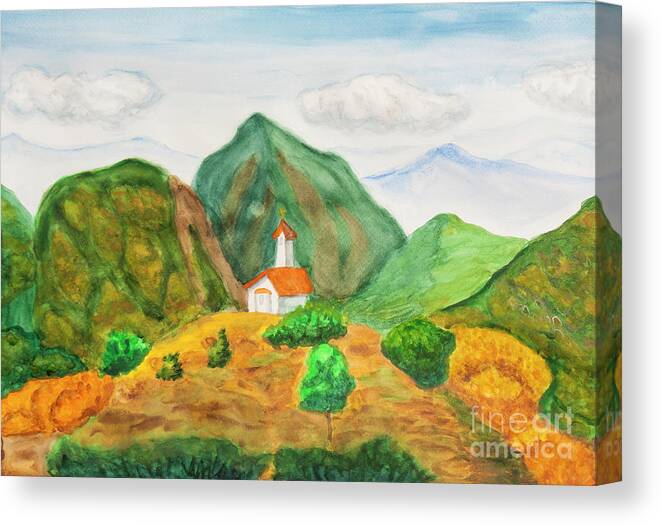 Mountain Canvas Print featuring the painting Chapel in mountains, watercolor painting. by Irina Afonskaya
