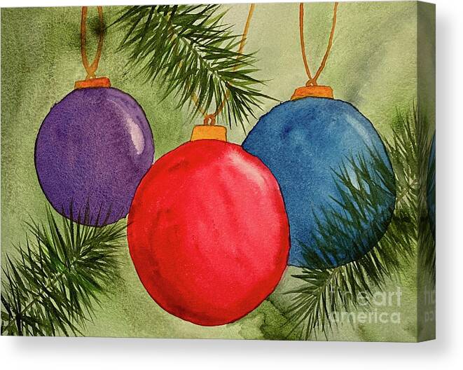 Christmas Canvas Print featuring the painting Christmas Balls and Pine Branches by Lisa Neuman