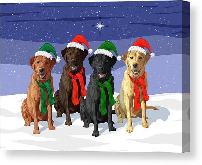 Dogs Canvas Print featuring the digital art Christmas Dogs Red Chocolate Black Yellow Labrador Retrievers by Crista Forest