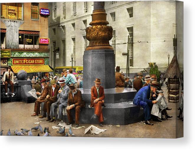 Cincinnati Canvas Print featuring the photograph City - Cincinnati, OH - Feeding the pigeons 1938 by Mike Savad