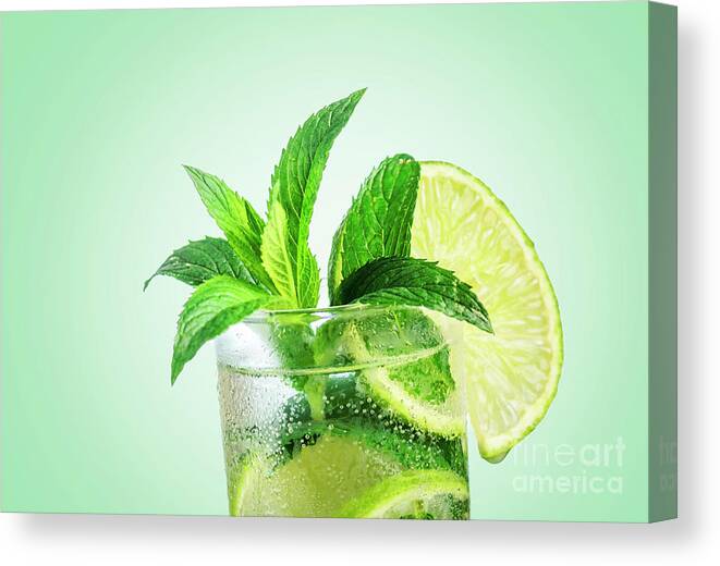 Mojito Canvas Print featuring the photograph Closeup mojito cocktail with ice isolated over pastel background by Jelena Jovanovic