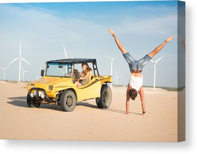 South America Canvas Print featuring the photograph Couple Beach Buggy Fun, Handstand, Candid Smile, Brazil by 4fr