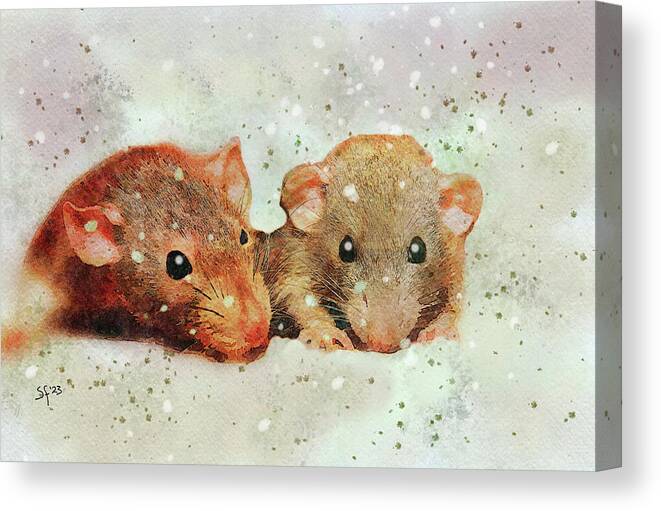 Cute Canvas Print featuring the mixed media Cute Mice Watercolor Painting by Shelli Fitzpatrick