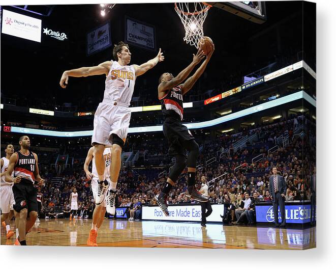 Nba Pro Basketball Canvas Print featuring the photograph Damian Lillard and Goran Dragic by Christian Petersen