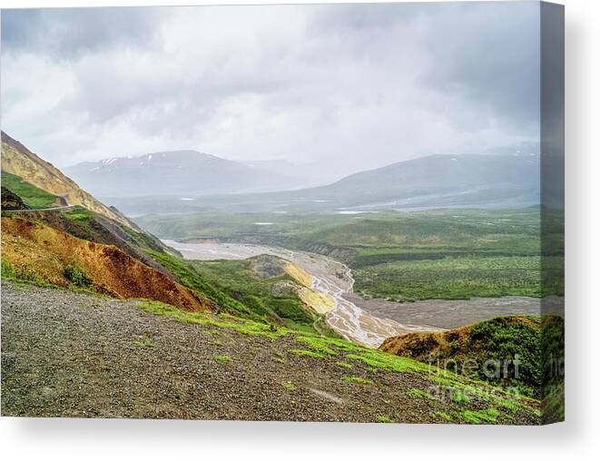 Alaska Canvas Print featuring the photograph Denali Foggy Valley View by Jennifer White