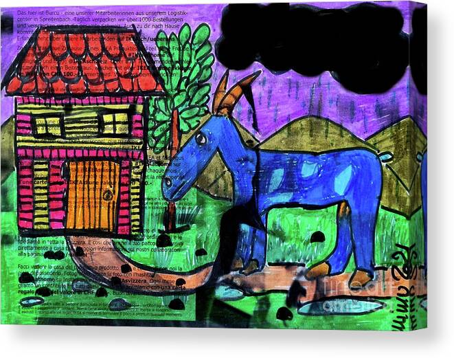 Goat Canvas Print featuring the mixed media Die blaue Ziege wird nass by Mimulux Patricia No