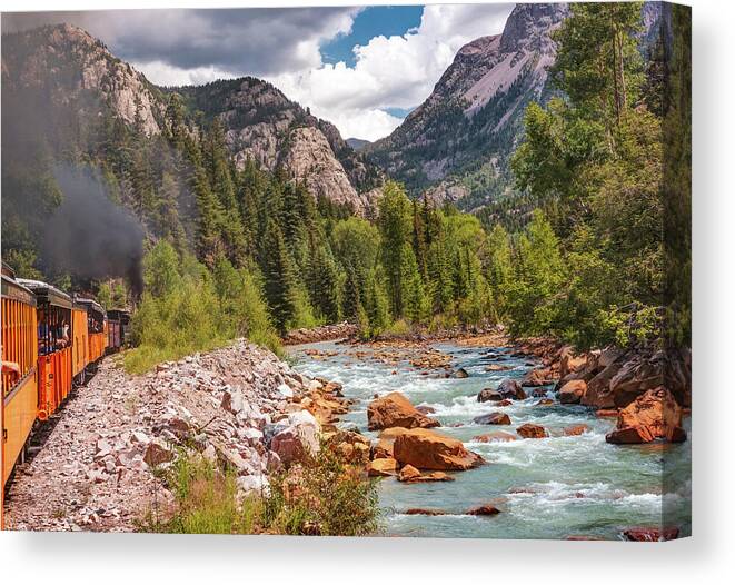 Durango Train Canvas Print featuring the photograph Durango Train Along the Animas River and San Juan Mountains by Gregory Ballos