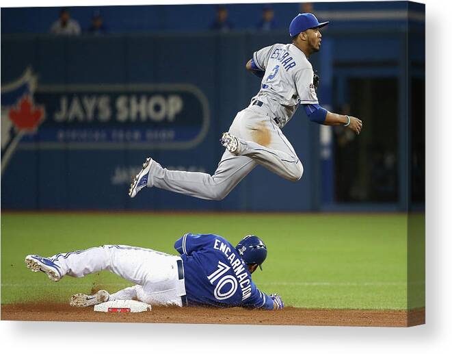 Double Play Canvas Print featuring the photograph Edwin Encarnacion and Alcides Escobar by Tom Szczerbowski