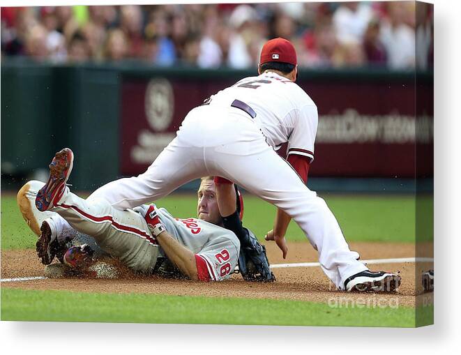 Eric Chavez Canvas Print featuring the photograph Eric Chavez and Chase Utley by Christian Petersen