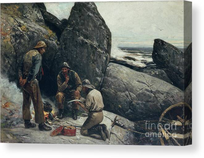 Oscar Wergeland Canvas Print featuring the painting Fishermen by O Vaering by Oscar Wergeland