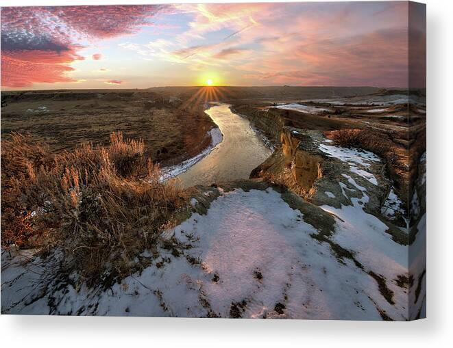 Badlands Canvas Print featuring the photograph Flowing to the Sun 2 - Sunset Panorama of Little Missouri at Wind Canyon- Badlands National Park ND by Peter Herman